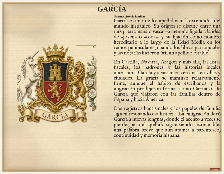 Muestra PDF Estándar — Familia García: historia del apellido y escudo asociado (muestra Herald Lab)