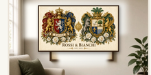 
Carica l'immagine nel visualizzatore di Gallery, Sample Dual Anniversary coat of arms PDF printed and framed — Rossi &amp; Bianchi landscape — Herald Lab