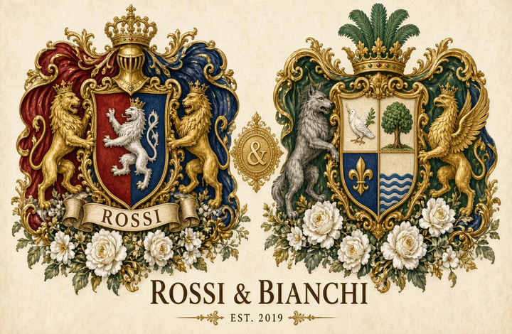 Esempio PDF Doppio stemma per due cognomi — layout regalo di nozze