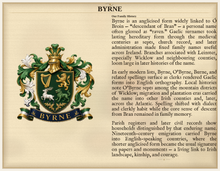 
Load image into Gallery viewer, Sample Last Name Origin PDF — The Byrne Family — dense Standard layout, coat of arms left, surname history right — Herald Lab SAMPLE