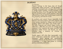 
Load image into Gallery viewer, Sample Last Name Origin PDF — The Dupont Family — dense Standard layout, coat of arms left, surname history right — Herald Lab SAMPLE