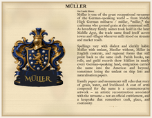 
Load image into Gallery viewer, Beispiel Nachnamensherkunft — Die Familie Müller: Wappen links, Namensgeschichte rechts (Herald Lab) — denser Standard gallery sample