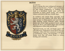 
Load image into Gallery viewer, Sample Last Name Origin PDF — The Rossi Family — dense Standard layout, coat of arms left, surname history right — Herald Lab SAMPLE
